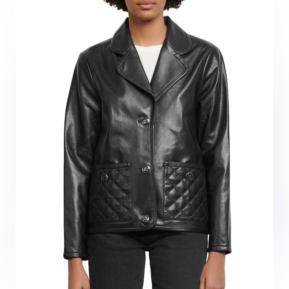 Sandro Black Leather Quilted-Pocket Jacket